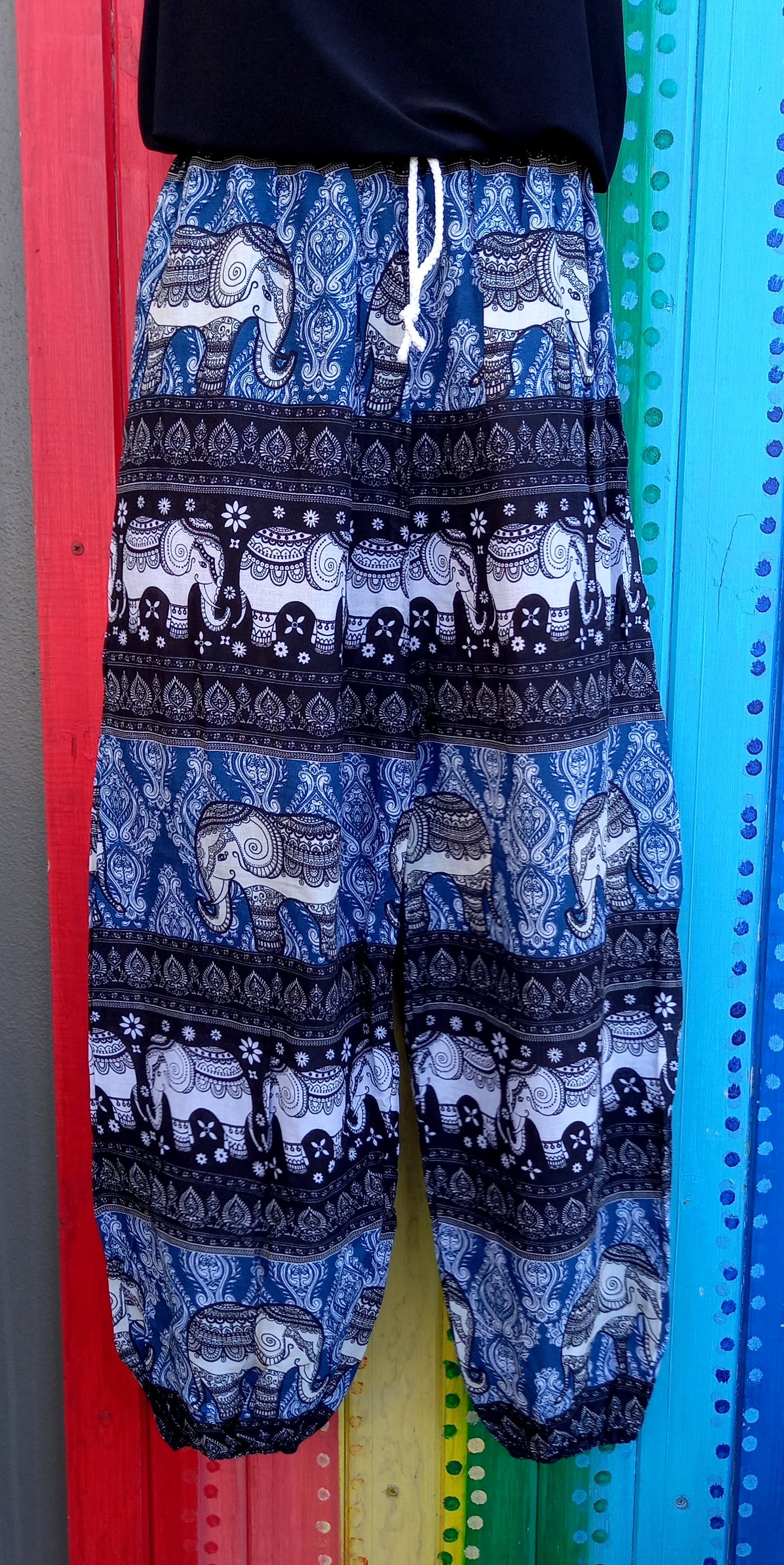 Drawstring Harem Pants - Black Elephant Print