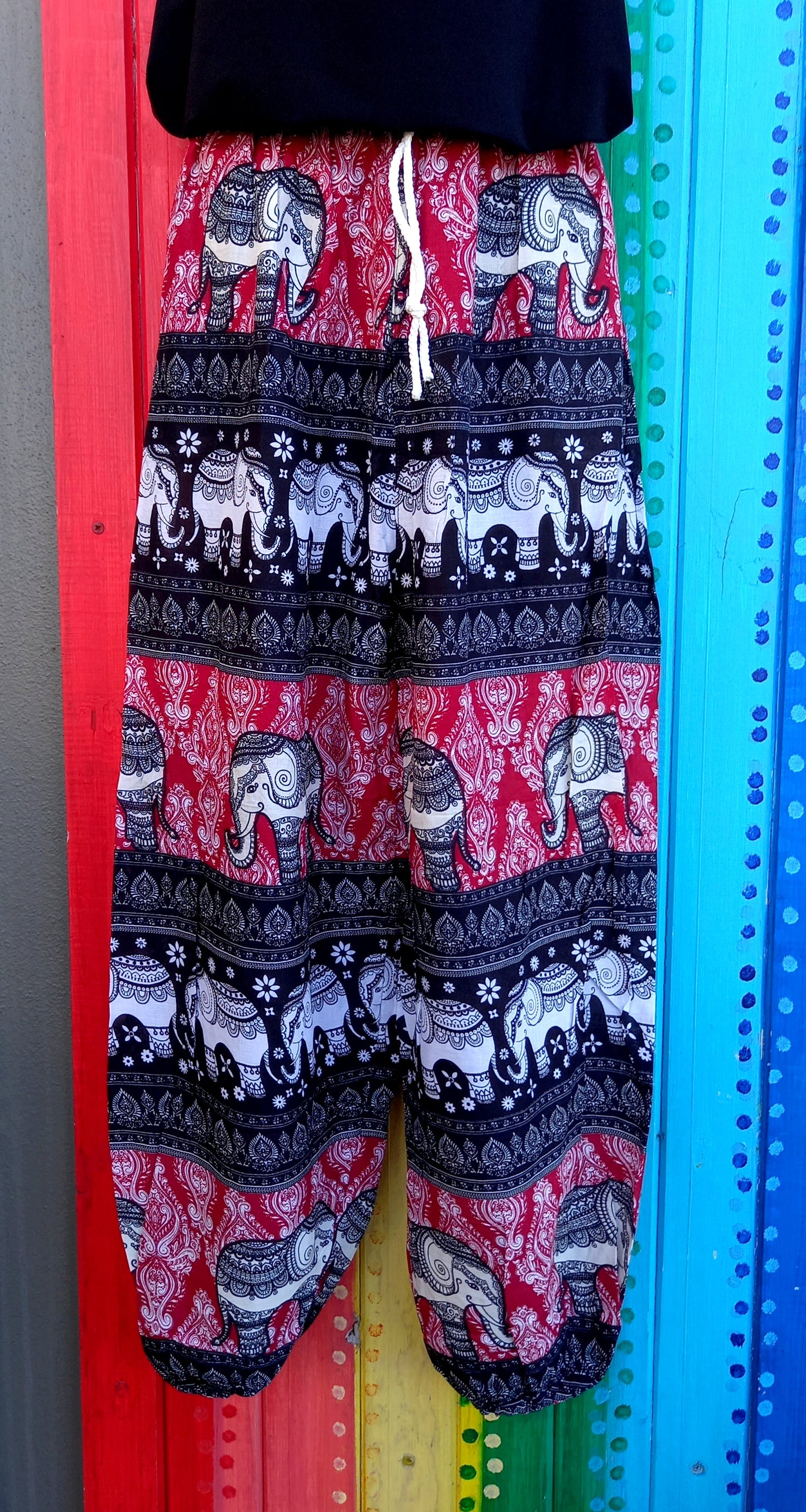 Drawstring Harem Pants - Black Elephant Print