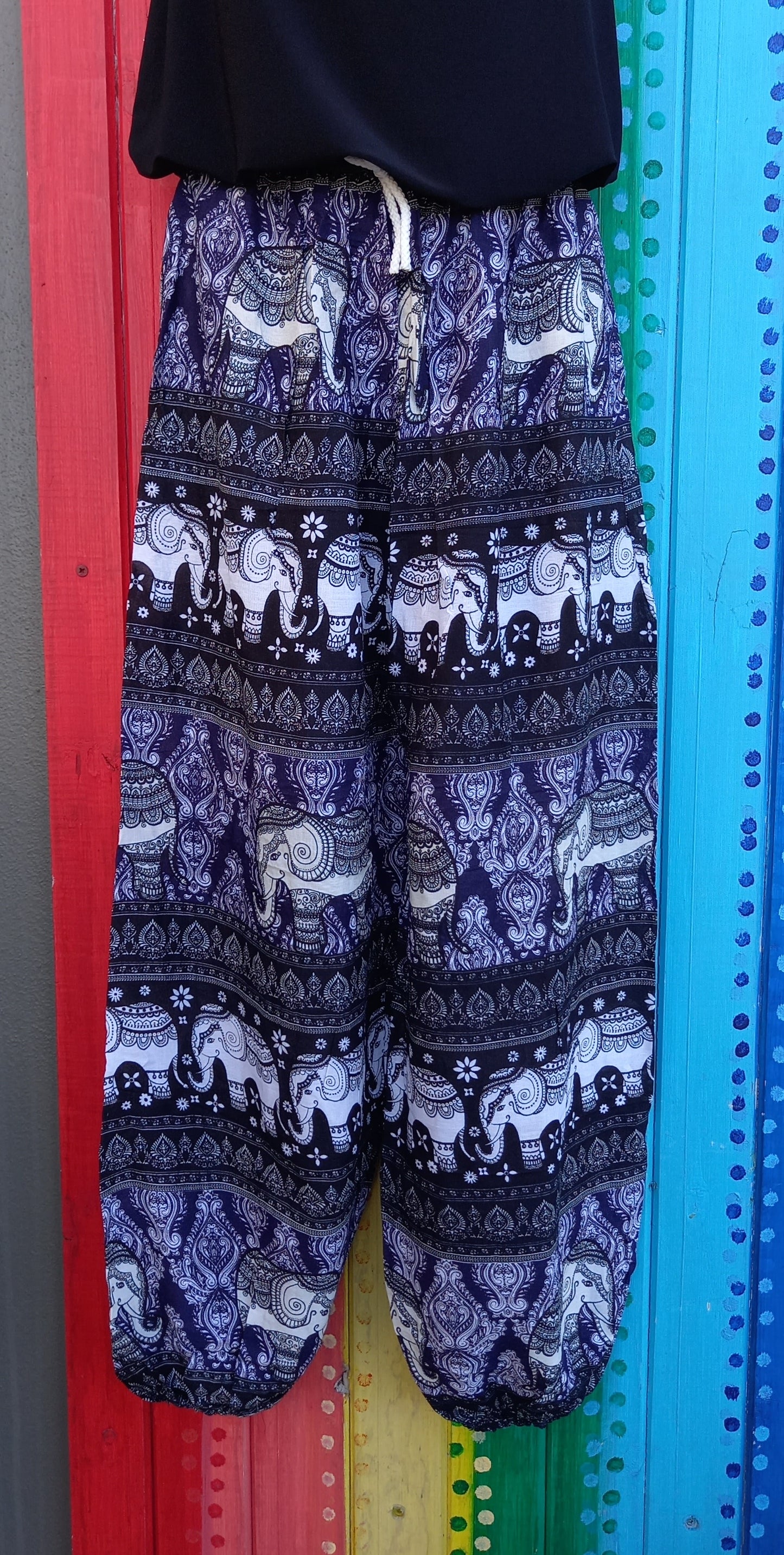 Drawstring Harem Pants - Black Elephant Print