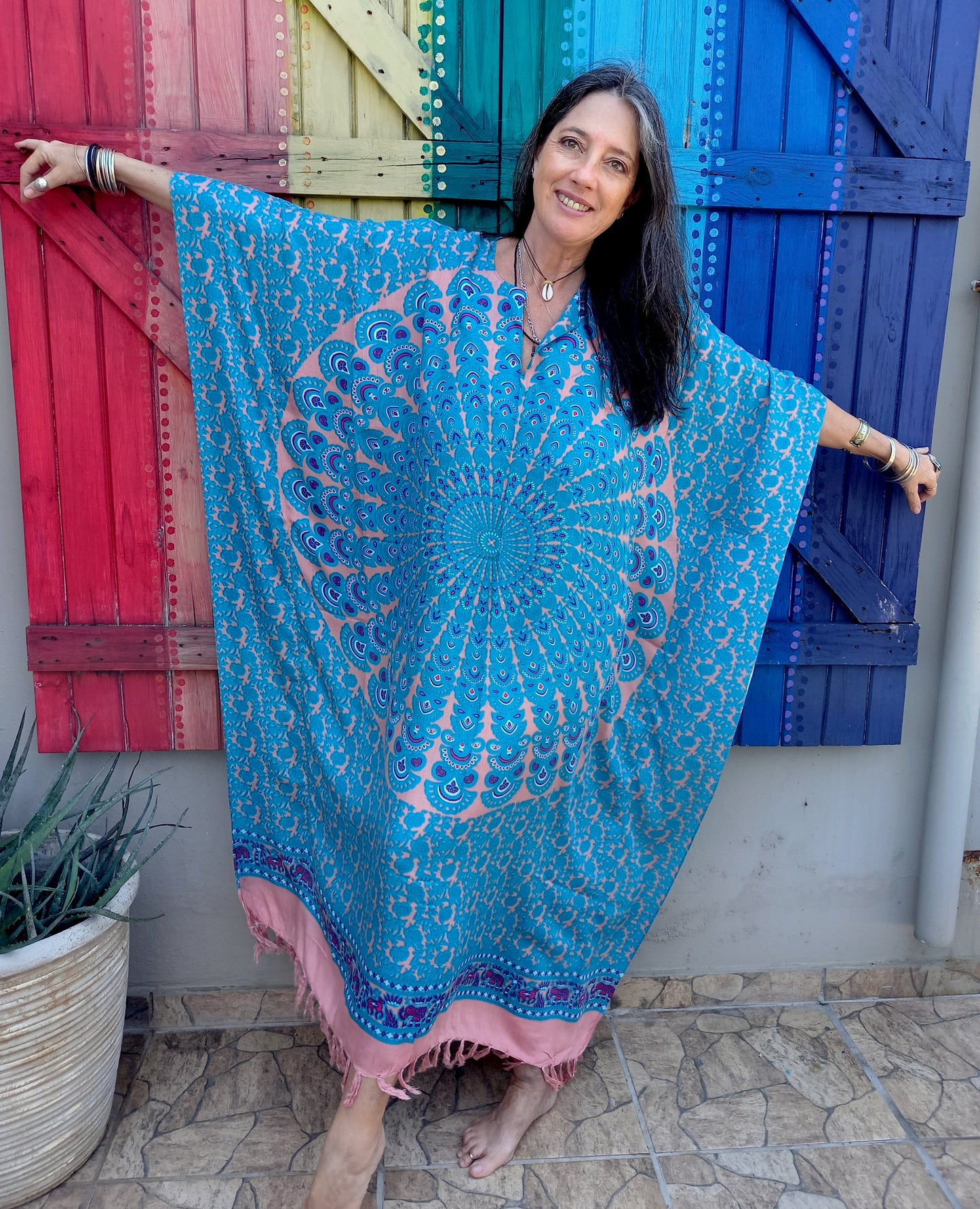 Ladies Viscose Mandala Peacock Kaftan with Tassels