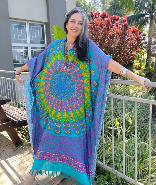 Ladies Viscose Mandala Peacock Kaftan with Tassels