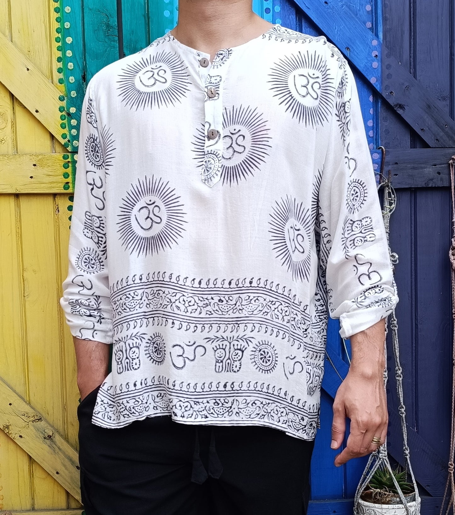 White Rayon Unisex Ramnami Mantra Printed Buttoned Long Sleeve Shirt