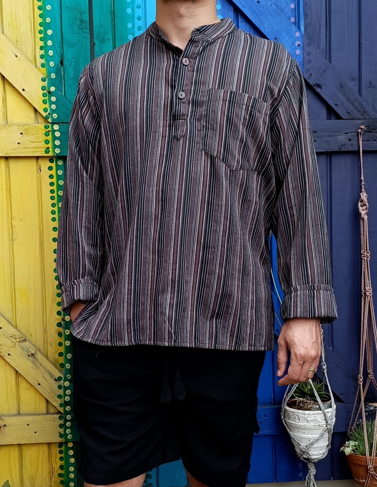Cotton Hippie Men's Kurta Shirts Dharke Long Sleeve 3 Button Shirt
