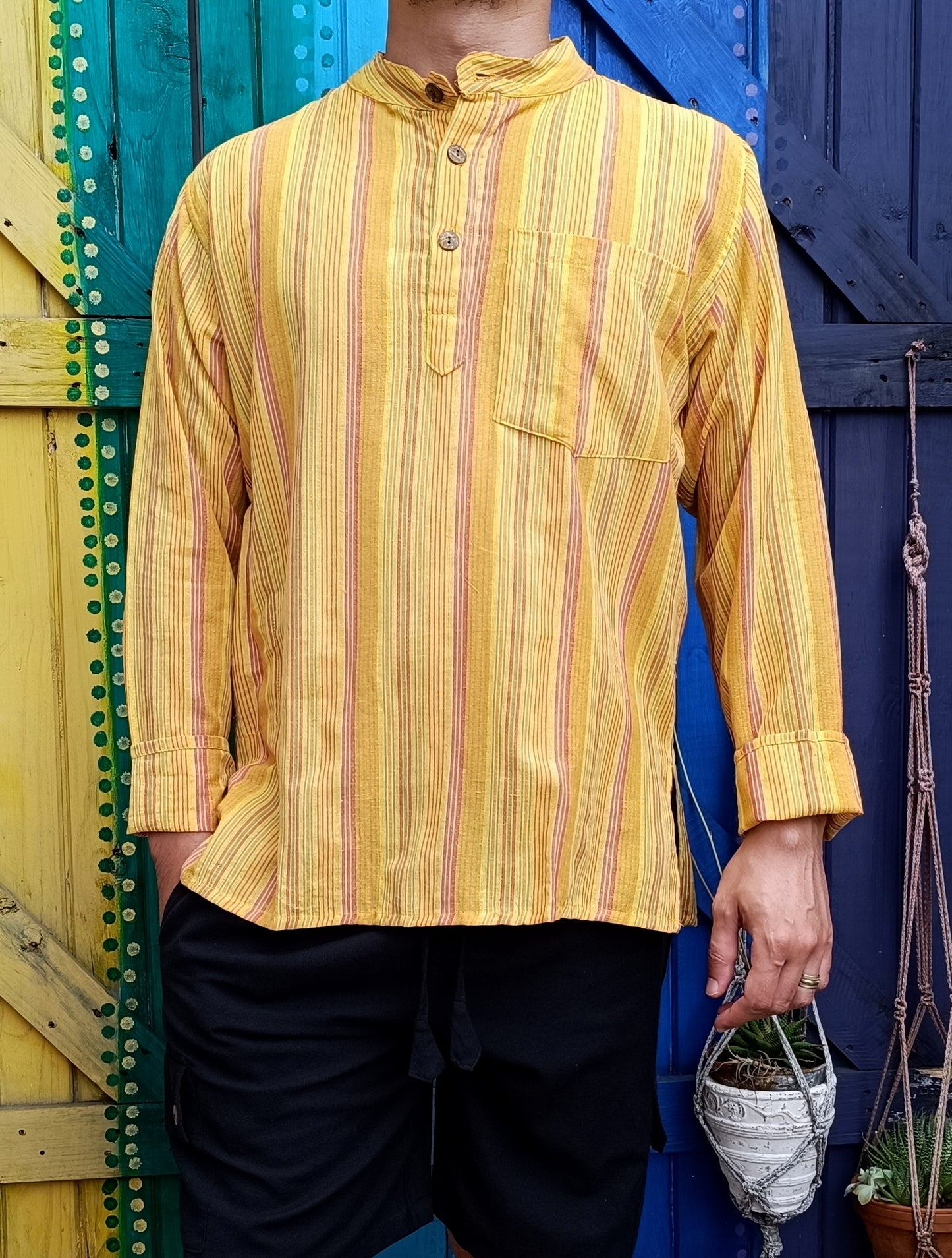 Cotton Hippie Men's Kurta Shirts Dharke Long Sleeve 3 Button Shirt