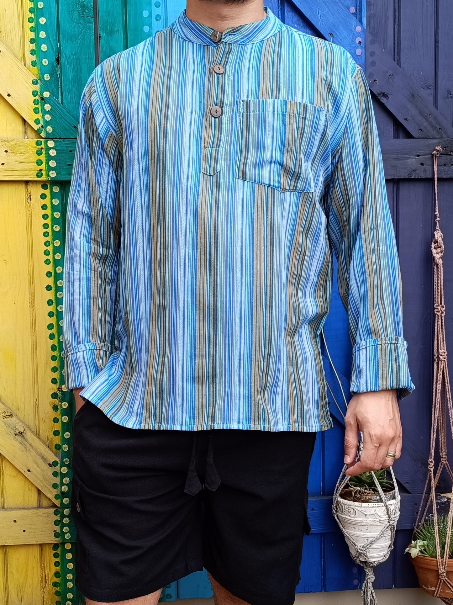 Cotton Hippie Men's Kurta Shirts Dharke Long Sleeve 3 Button Shirt