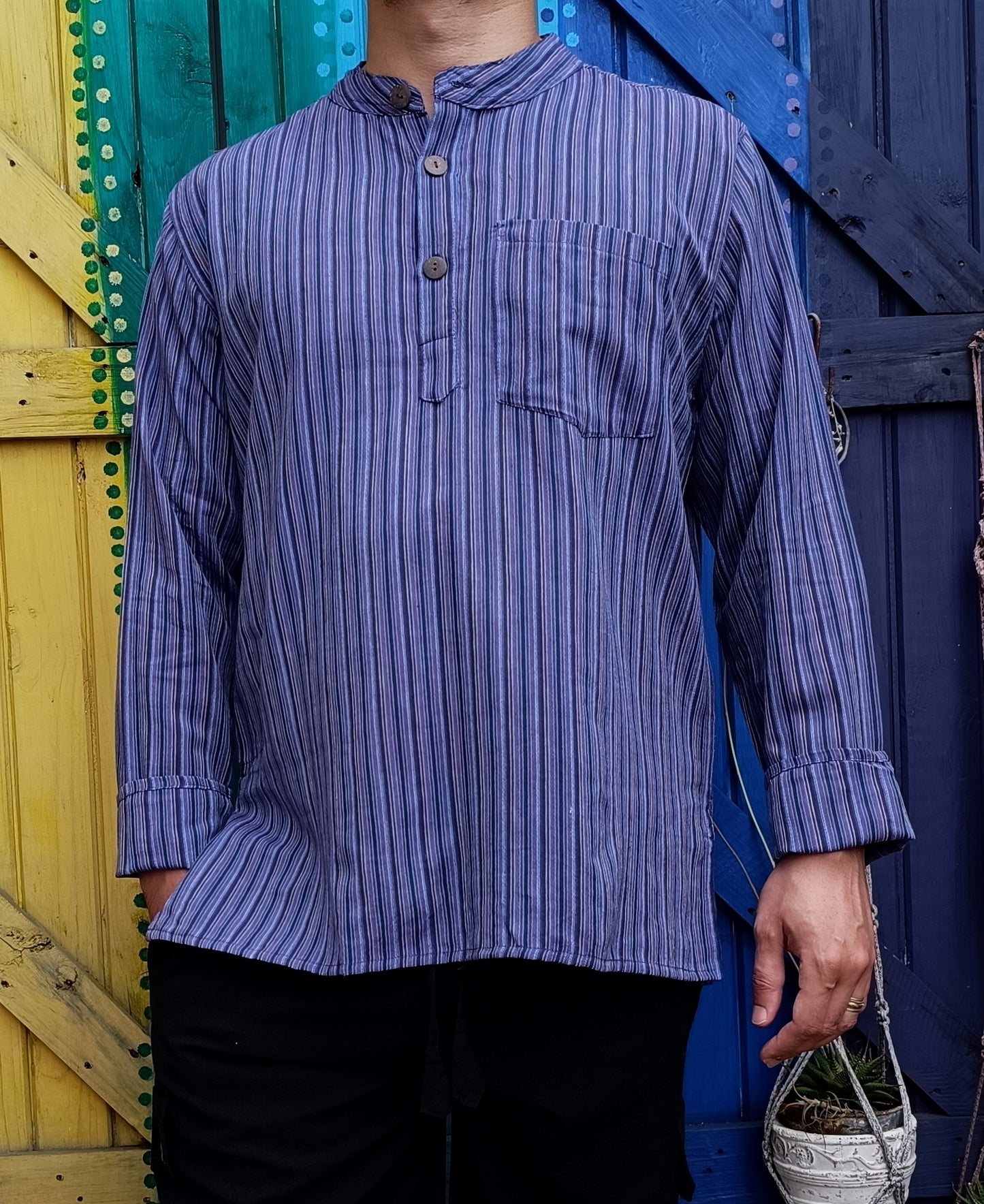 Cotton Hippie Men's Kurta Shirts Dharke Long Sleeve 3 Button Shirt