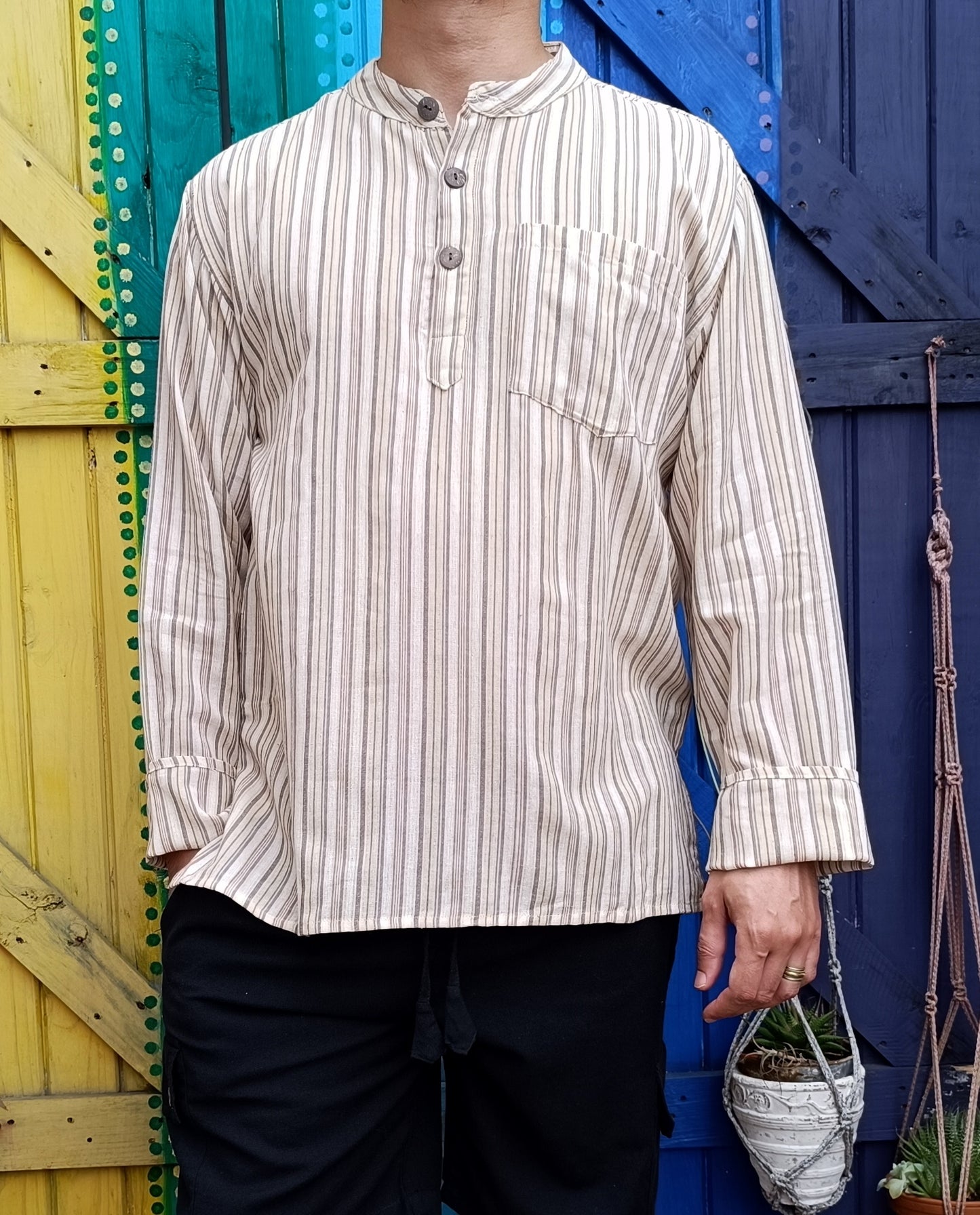 Cotton Hippie Men's Kurta Shirts Dharke Long Sleeve 3 Button Shirt