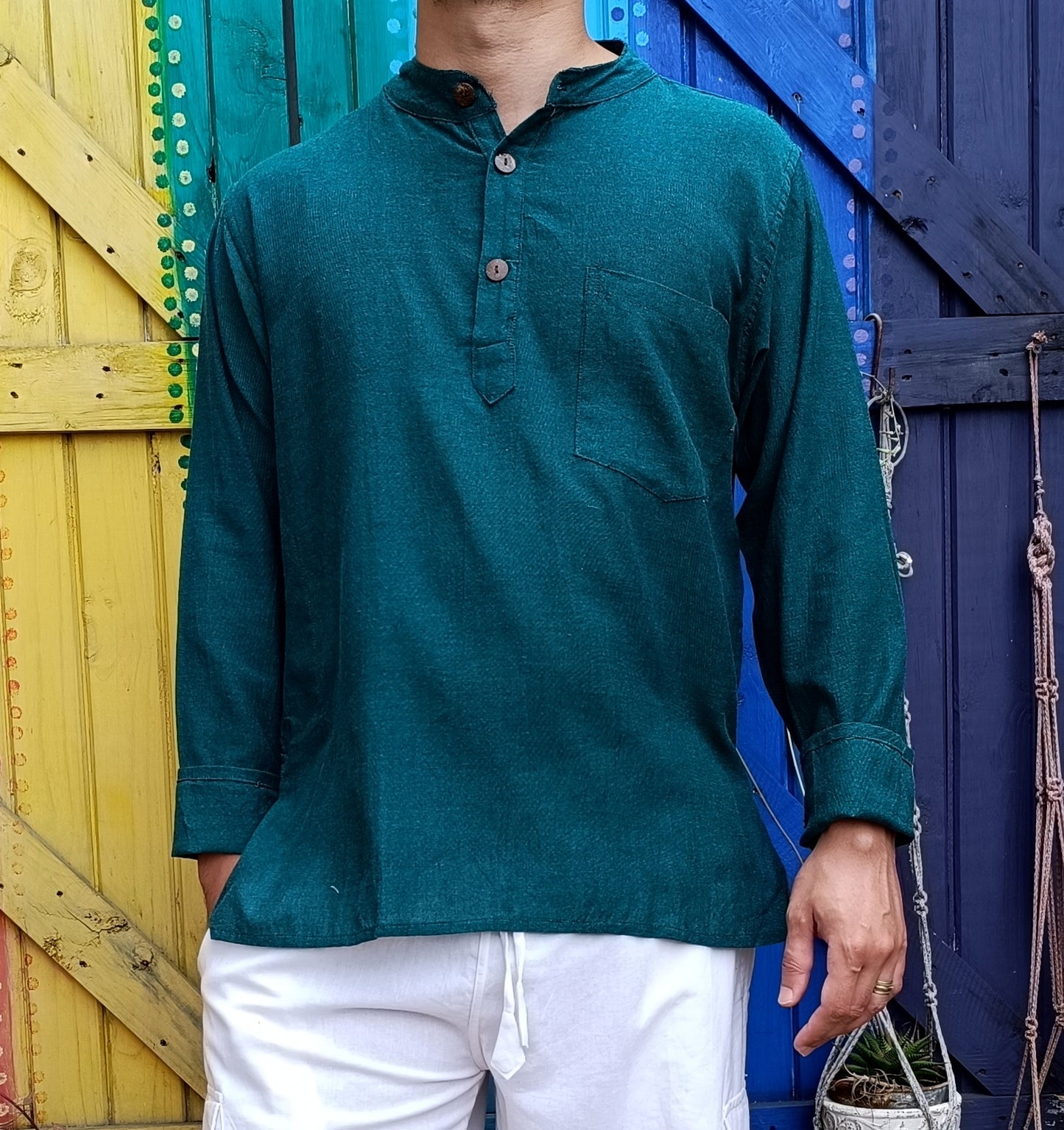 Cotton Hippie Men's Shirts Khaddar Kurta 3 Button Long Sleeve Shirt.