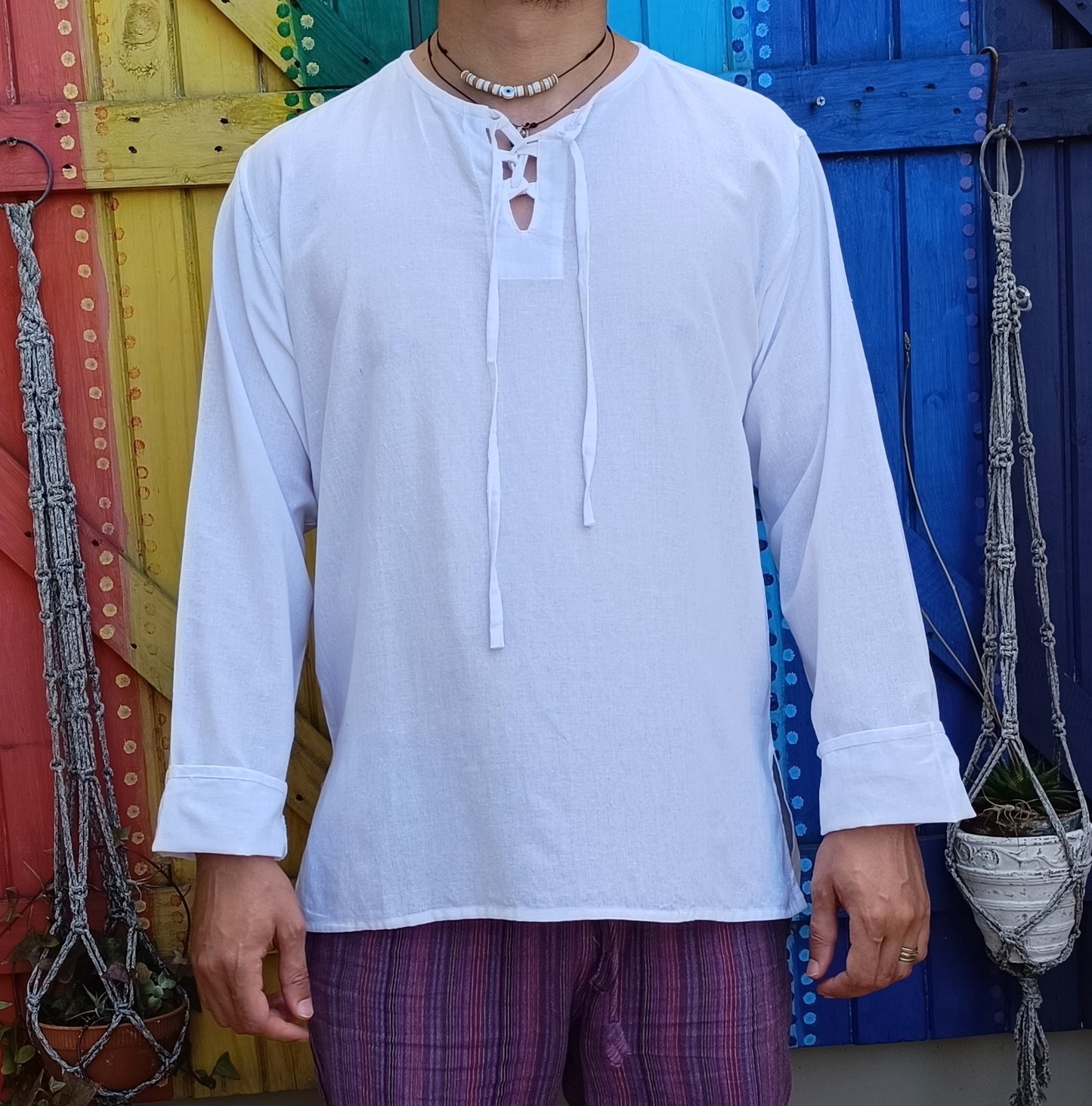 Cotton Hippie Men's Shirts Khaddar Lace Up Khurta Long Sleeve Shirt