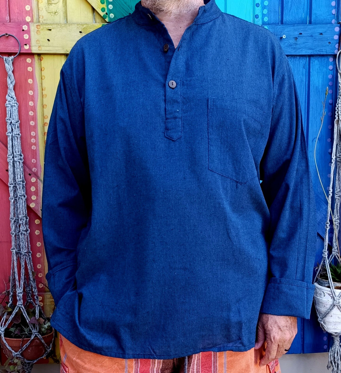 Cotton Hippie Men's Shirts Khaddar Kurta 3 Button Long Sleeve Shirt.