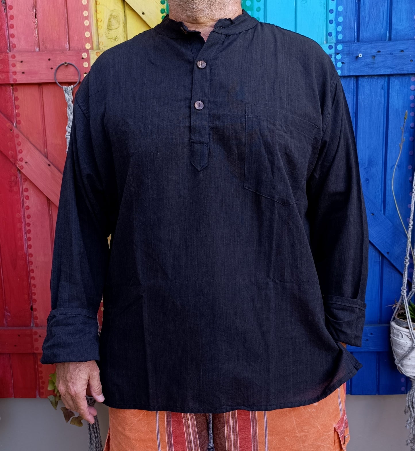 Cotton Hippie Men's Shirts Khaddar Kurta 3 Button Long Sleeve Shirt.