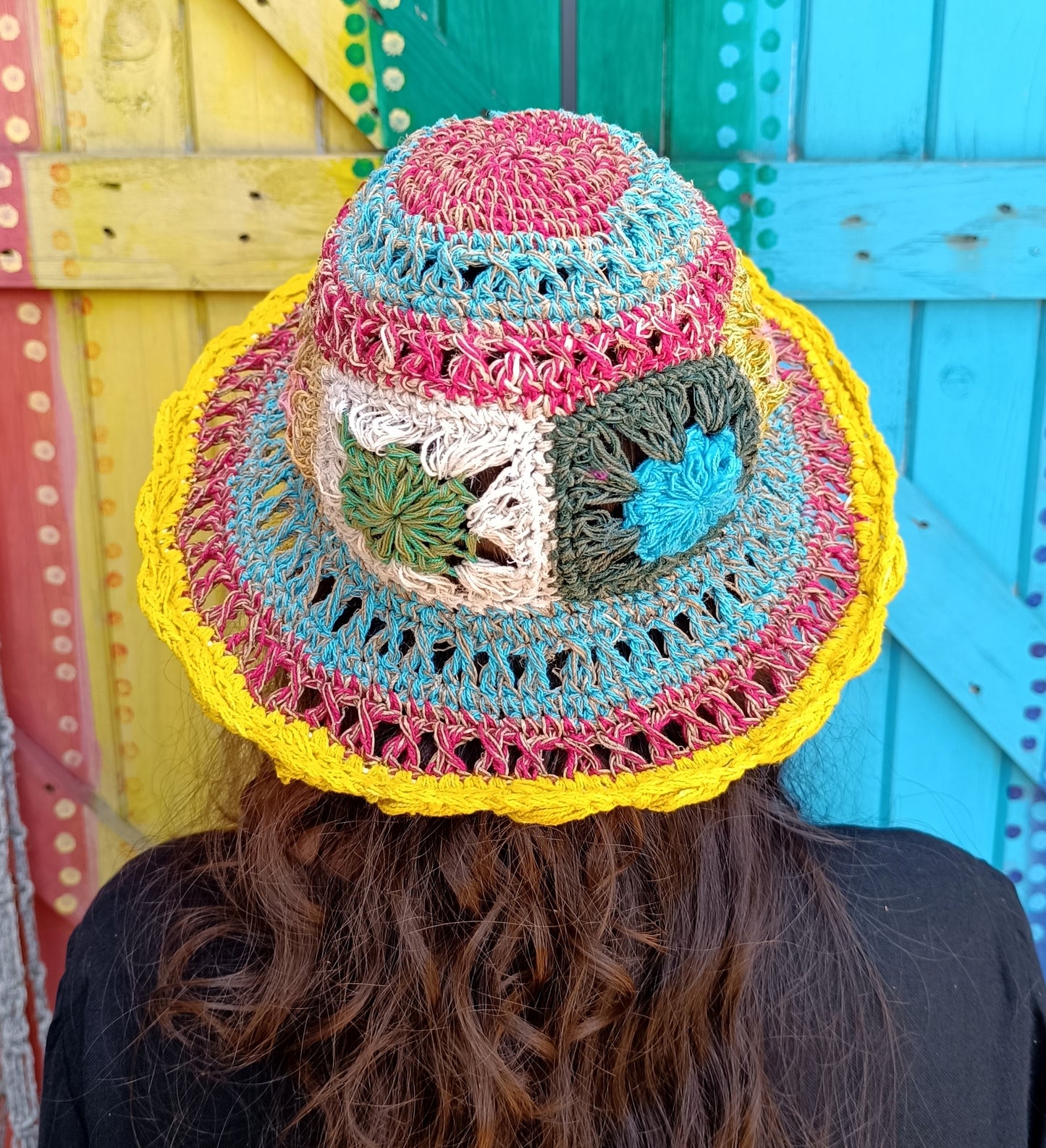Crochet Hemp and Cotton Mix Hippie Wired Hats Colourful Flowers