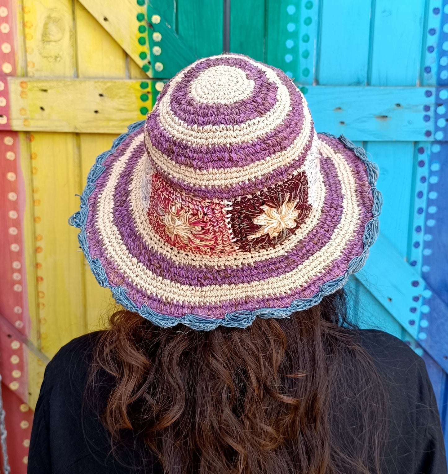 Crochet Hemp and Cotton Mix Hippie Wired Hats Colourful Flowers