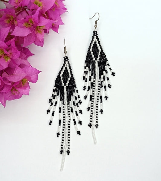 Beaded Dangle Earrings - Black and White