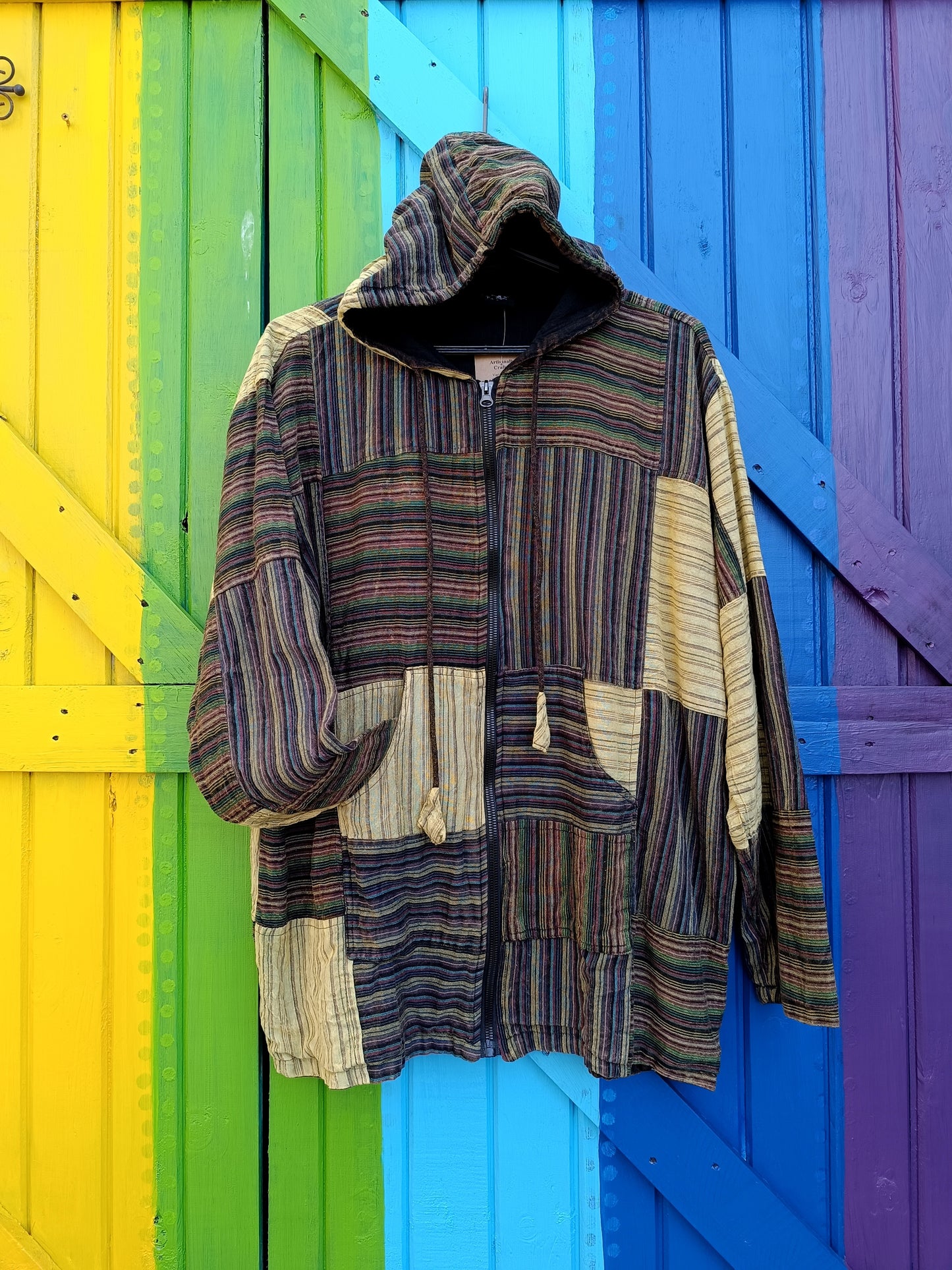 Cotton Zipped Funky Striped Patch Hoodies with Front Pockets - Medium