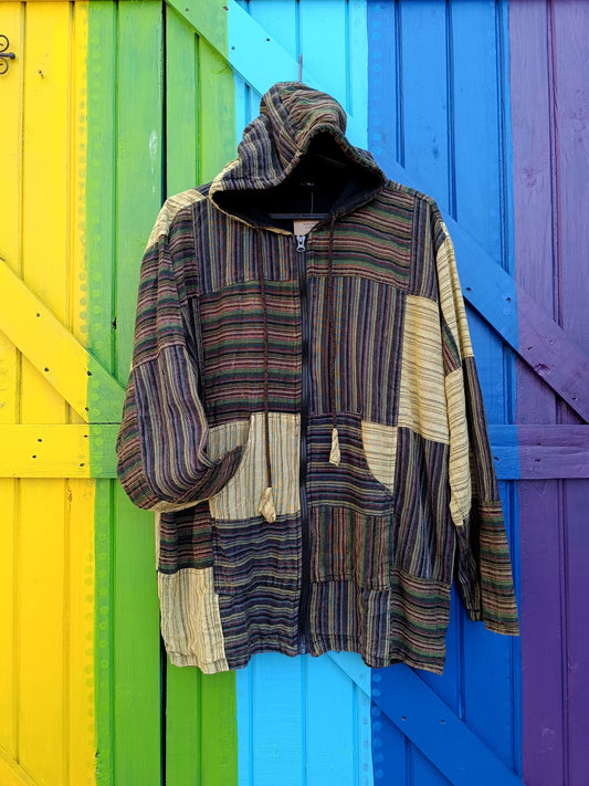 Cotton Zipped Funky Striped Patch Hoodies with Front Pockets - Medium