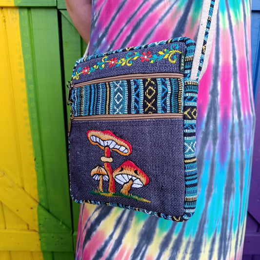 Cotton Passport Shoulder Bag Crossbody Bag Embroidered Mushrooms