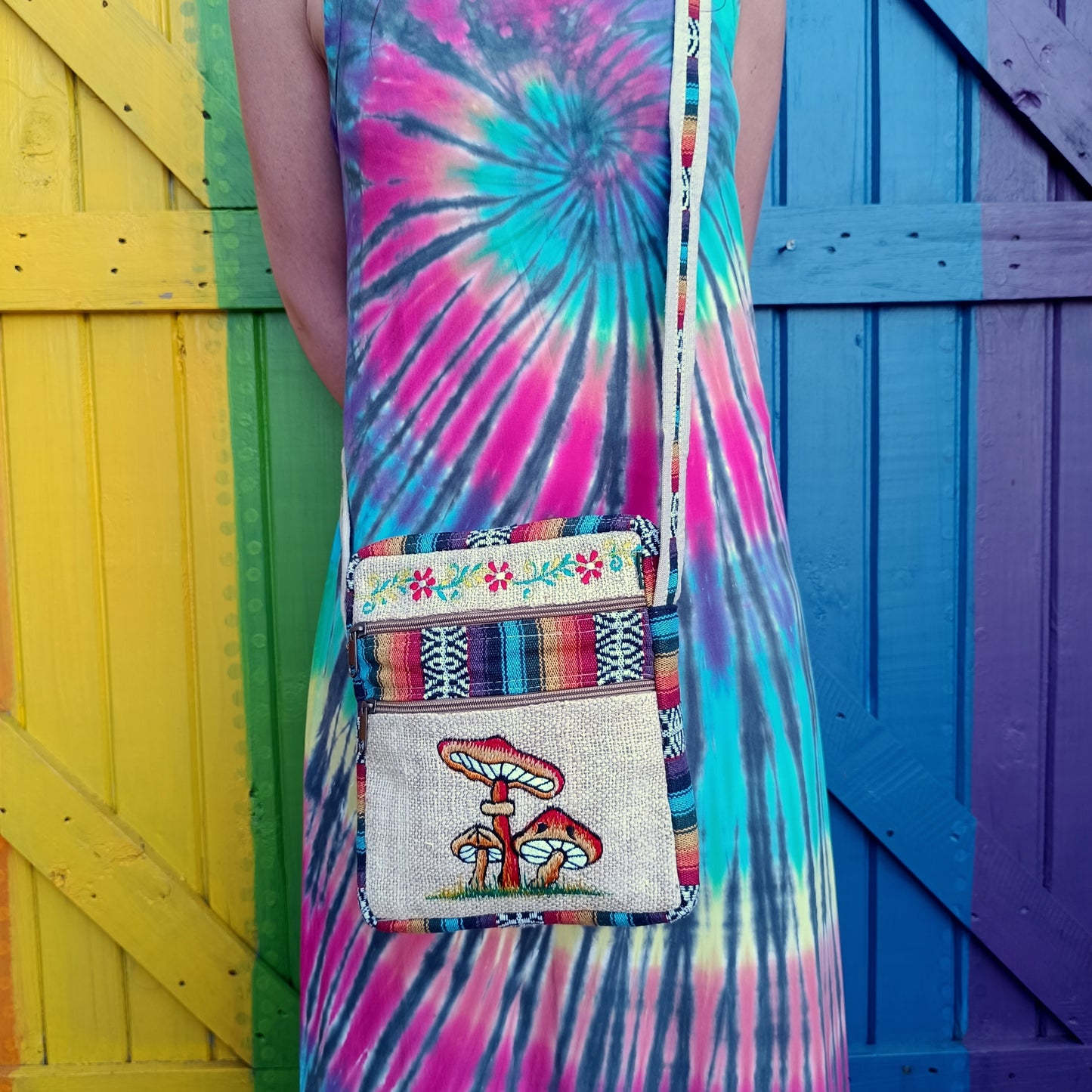 Cotton Passport Shoulder Bag Crossbody Bag Embroidered Mushrooms