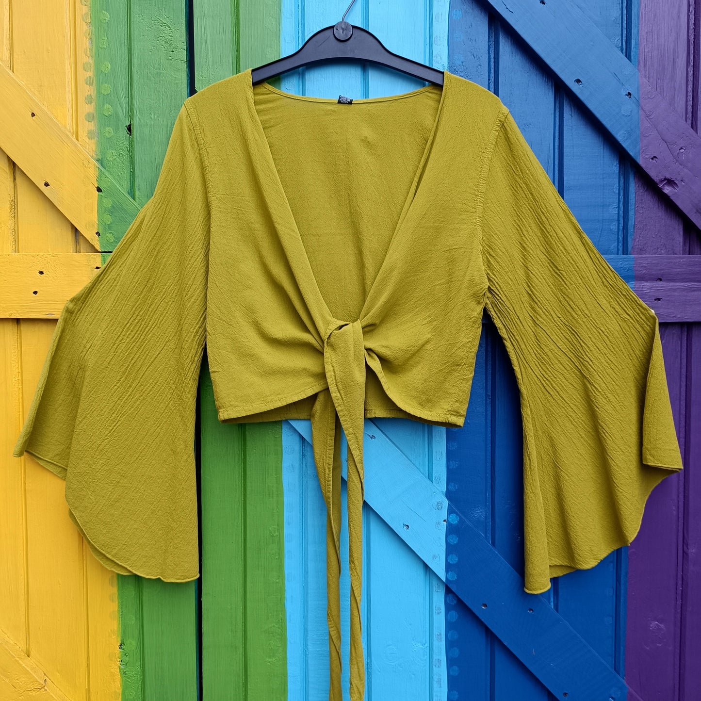 Crinkle Cotton Long Sleeve Boho Bell Sleeve Wrap Around Top