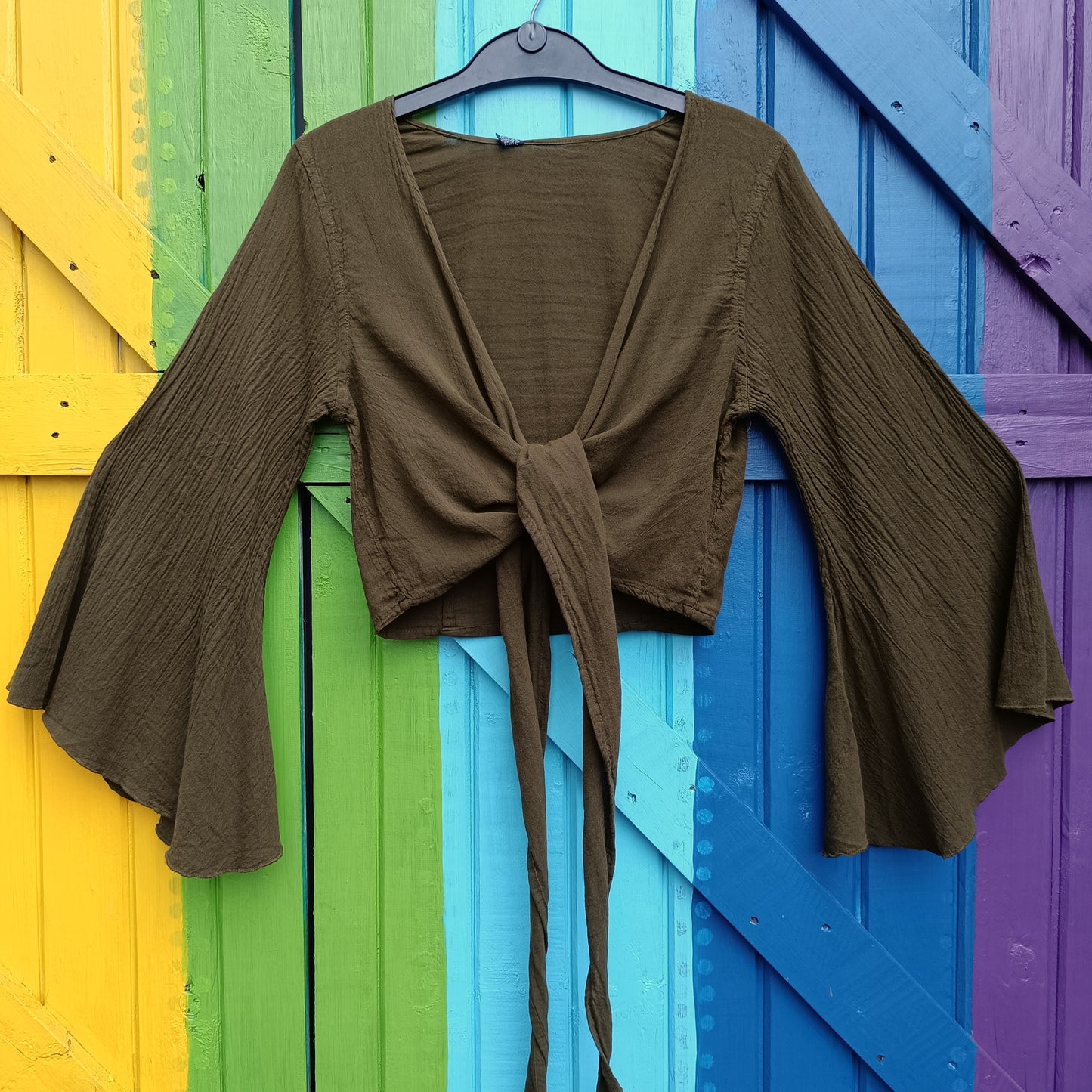 Crinkle Cotton Long Sleeve Boho Bell Sleeve Wrap Around Top