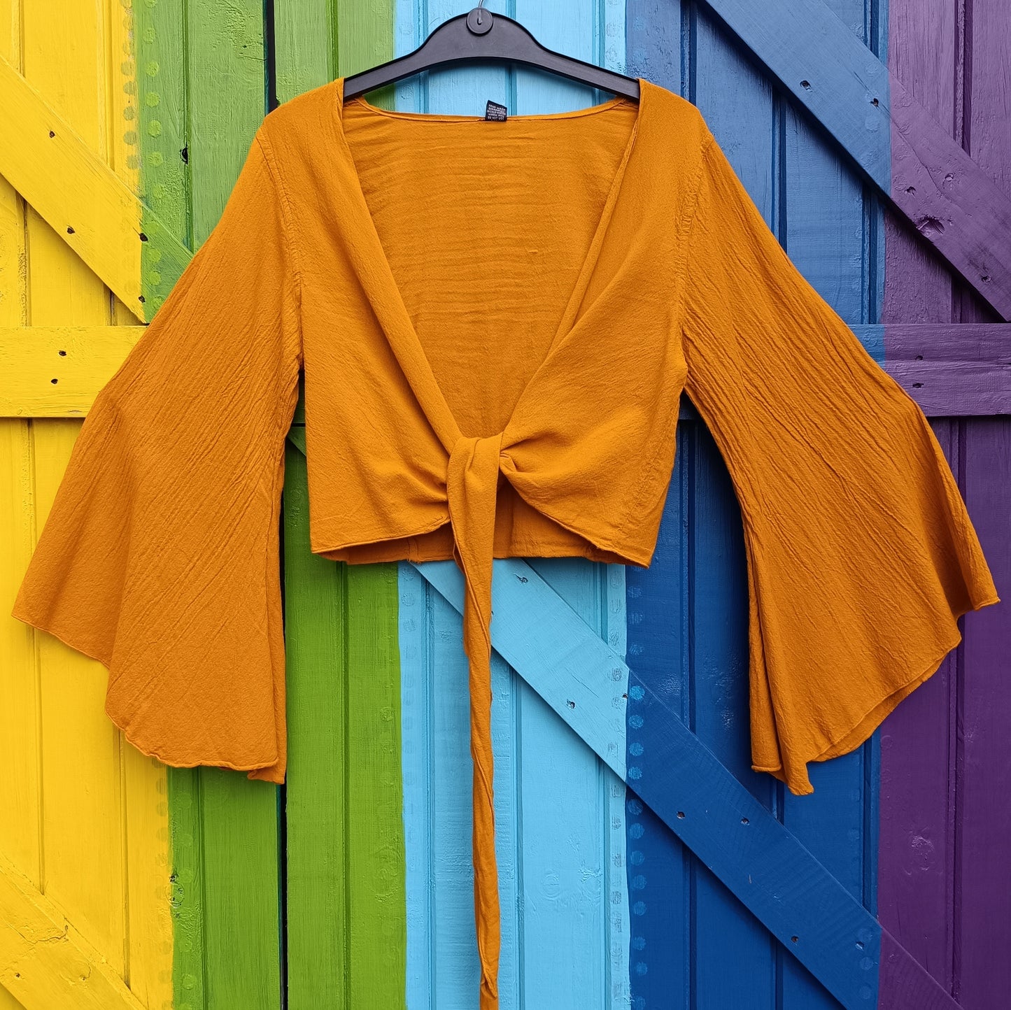 Crinkle Cotton Long Sleeve Boho Bell Sleeve Wrap Around Top