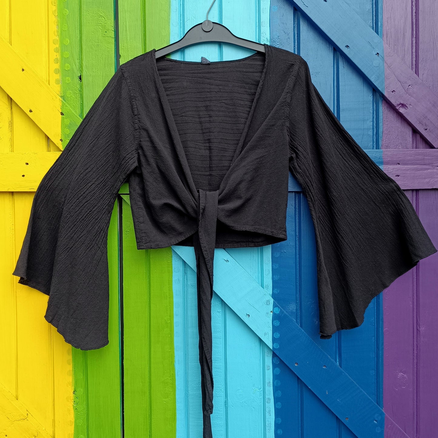 Crinkle Cotton Long Sleeve Boho Bell Sleeve Wrap Around Top