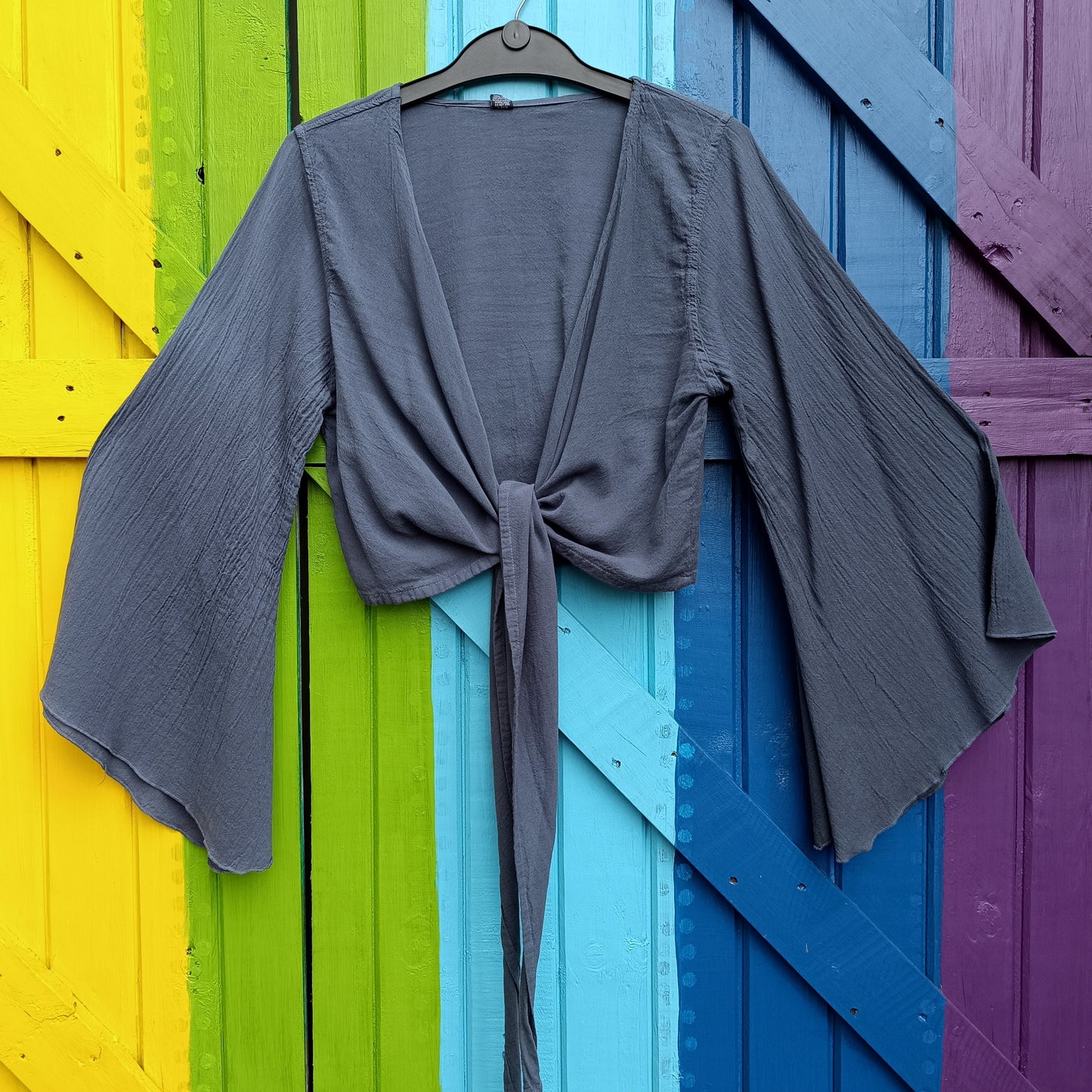 Crinkle Cotton Long Sleeve Boho Bell Sleeve Wrap Around Top