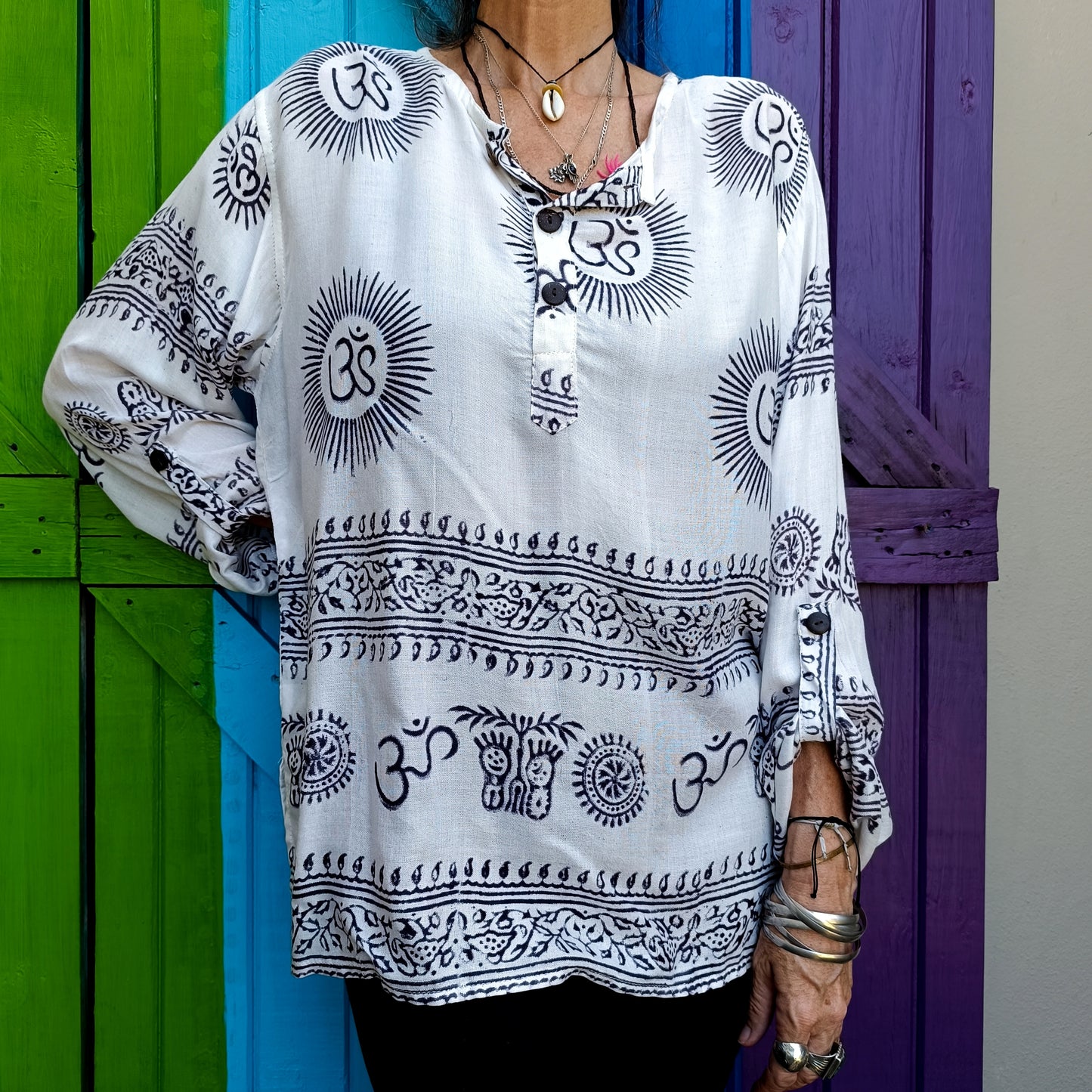 White Rayon Unisex Ramnami Mantra Printed Buttoned Long Sleeve Shirt