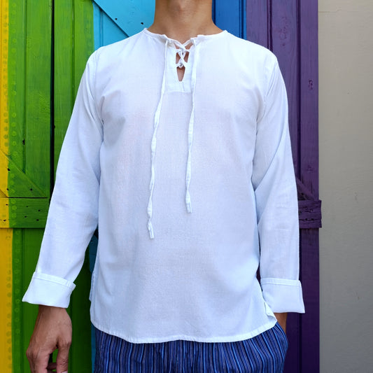 Men's Cotton Hippie Khaddar Lace Up Khurta Long Sleeve Shirt Soft Enzyme Washed