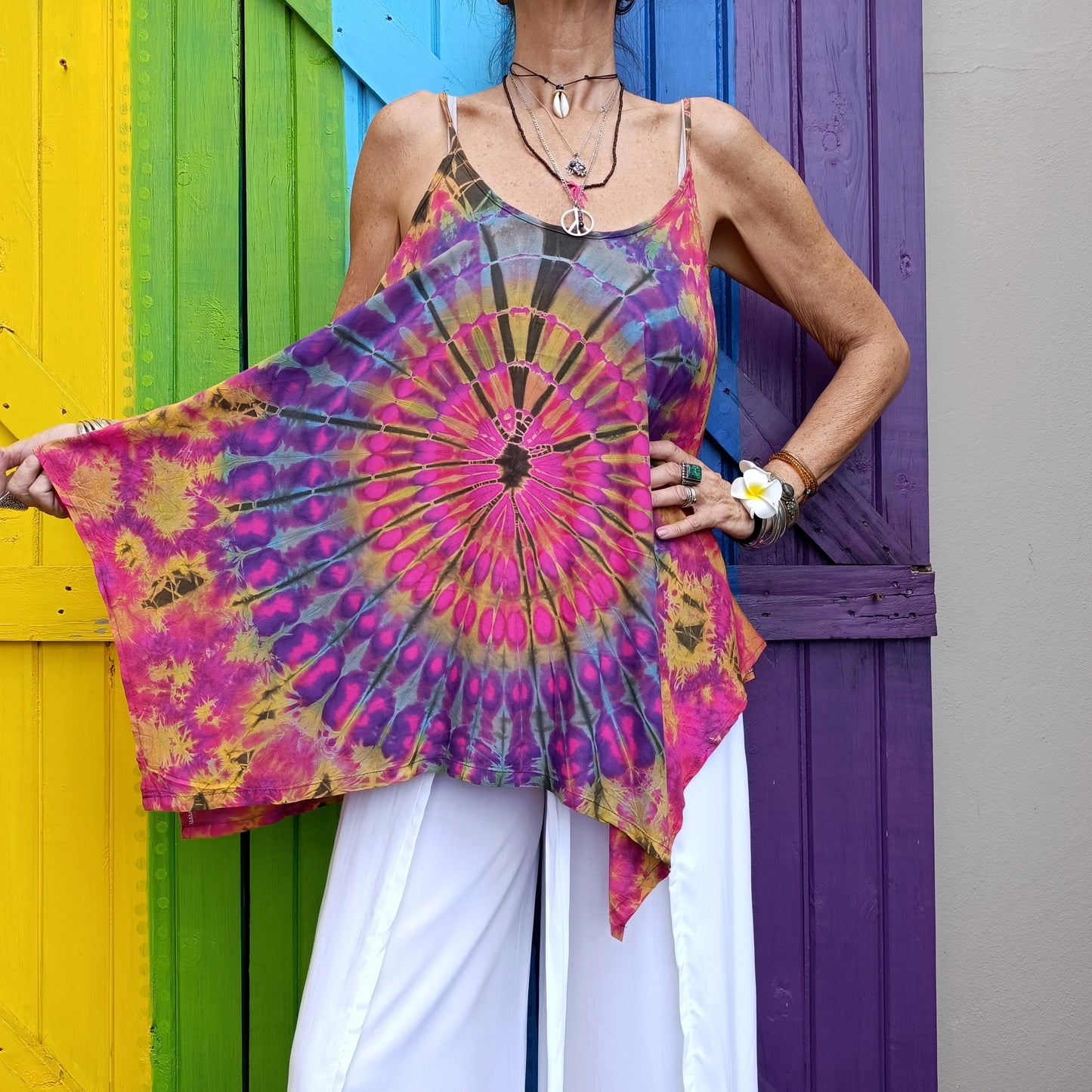 Flared Tie Dye Strappy Top Rayon