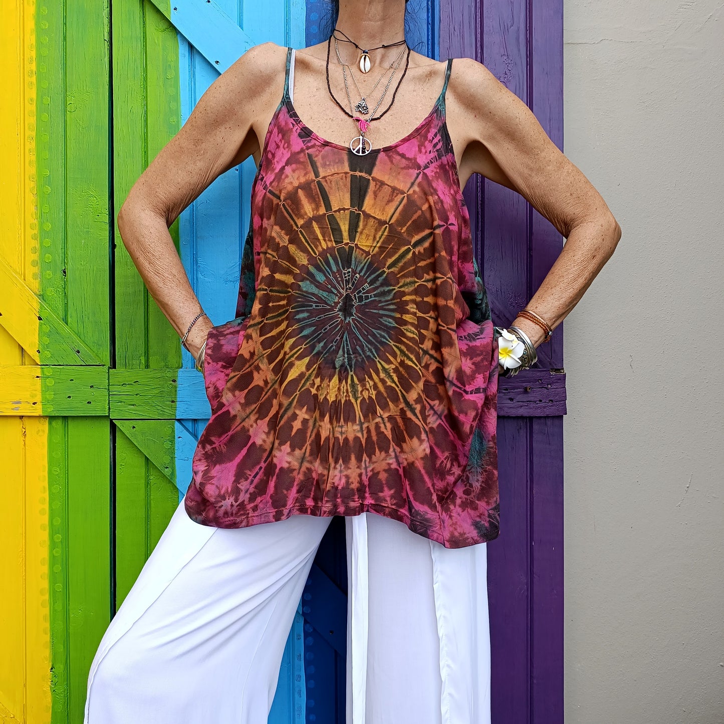 Flared Tie Dye Strappy Top Rayon