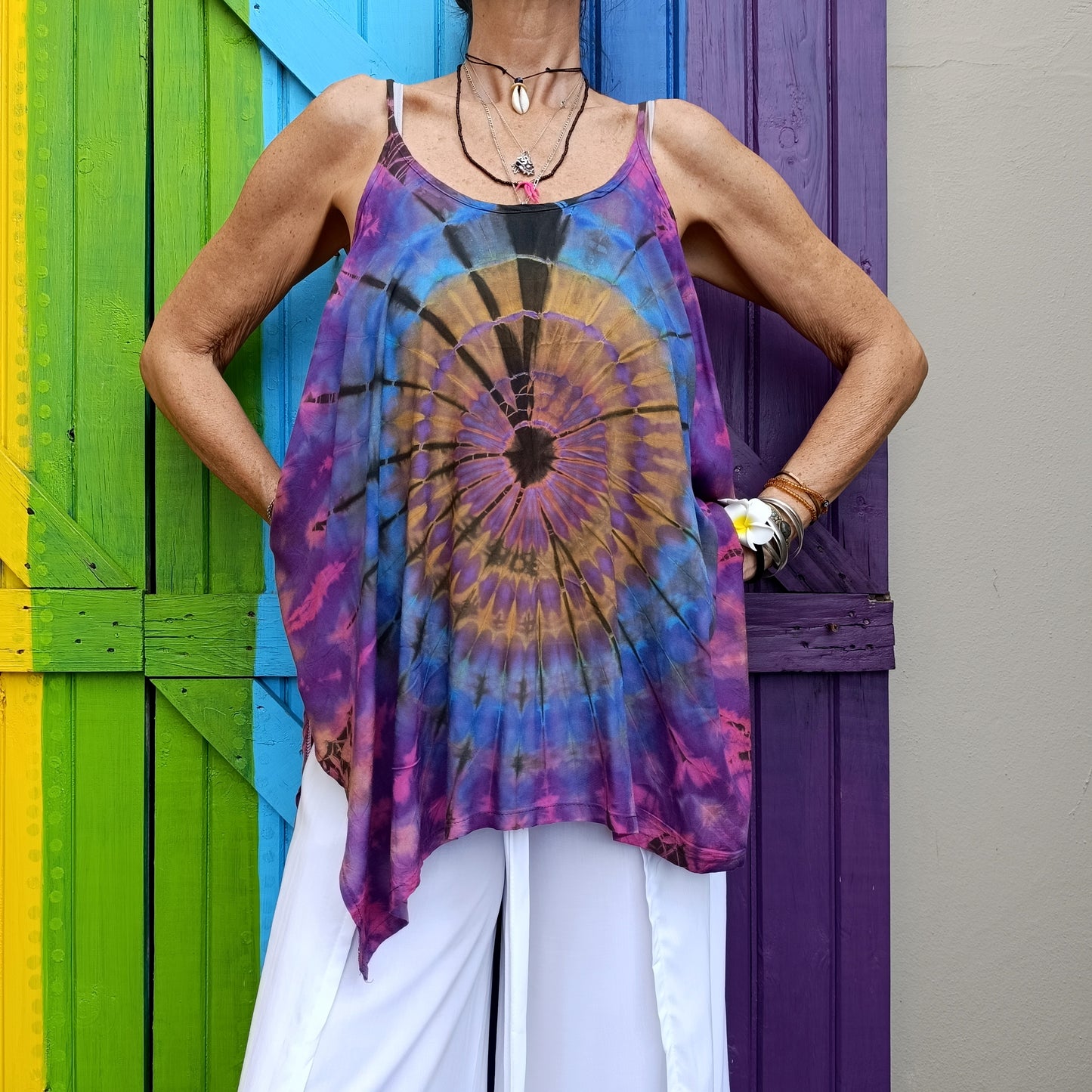 Flared Tie Dye Strappy Top Rayon