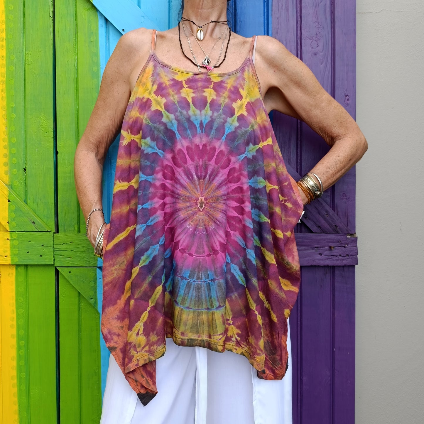 Flared Tie Dye Strappy Top Rayon
