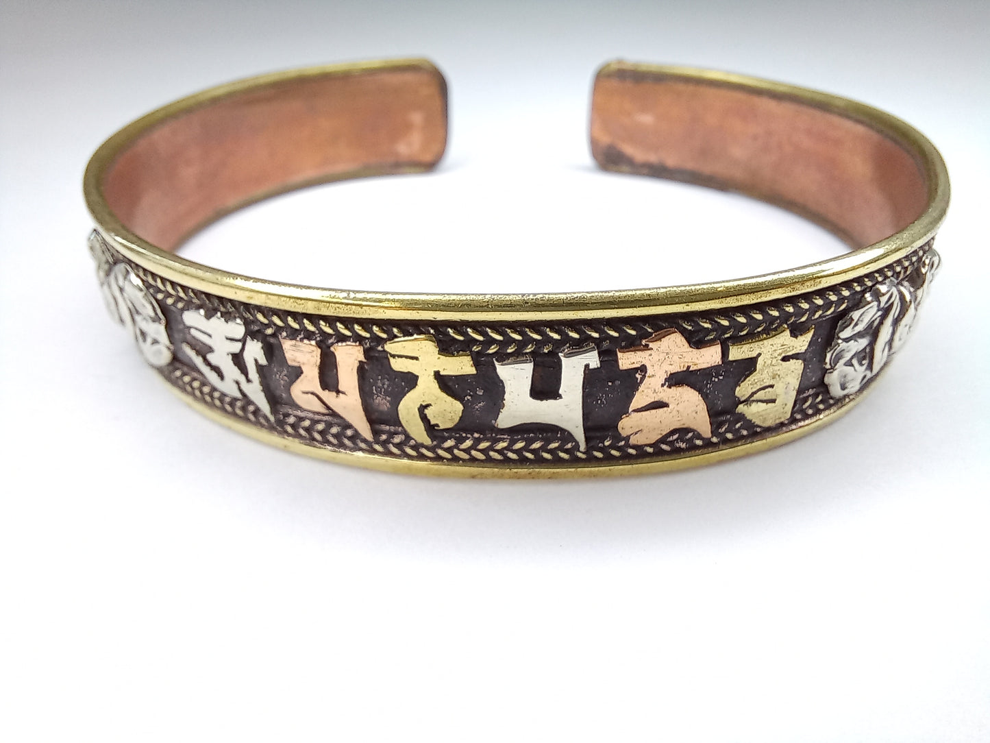 Three Metal Bracelet with Mantra Copper Brass White Metal Nepalese