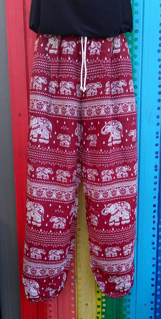 Thai Hippie Pants with Drawstring - Thai Elephants Pattern