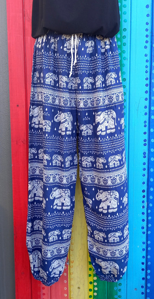 Thai Hippie Pants with Drawstring - Thai Elephants Pattern