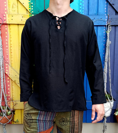 Cotton Hippie Men's Shirts Khaddar Lace Up Khurta Long Sleeve Shirt