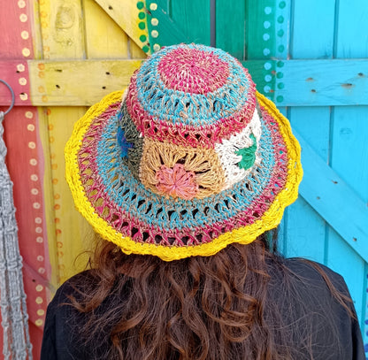 Crochet Hemp and Cotton Mix Hippie Wired Hats Colourful Flowers