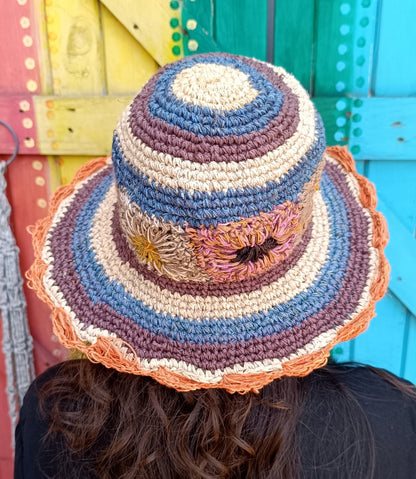 Crochet Hemp and Cotton Mix Hippie Wired Hats Colourful Flowers