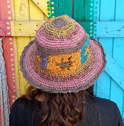 Crochet Hemp and Cotton Mix Hippie Wired Hats Colourful Flowers