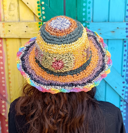 Crochet Hemp and Cotton Mix Hippie Wired Hats Colourful Flowers