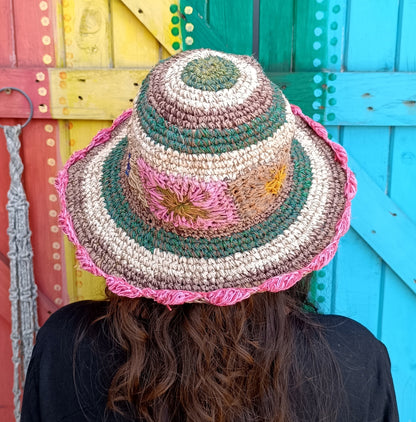 Crochet Hemp and Cotton Mix Hippie Wired Hats Colourful Flowers