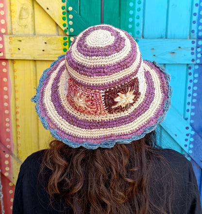 Crochet Hemp and Cotton Mix Hippie Wired Hats Colourful Flowers