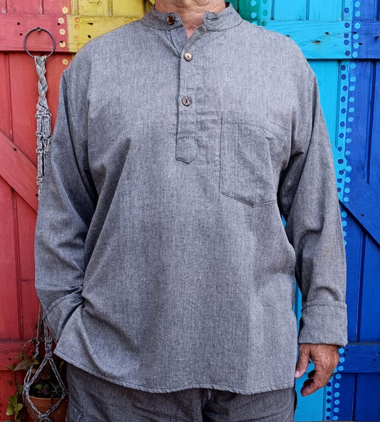Cotton Hippie Men's Shirts Khaddar Kurta 3 Button Long Sleeve Shirt.