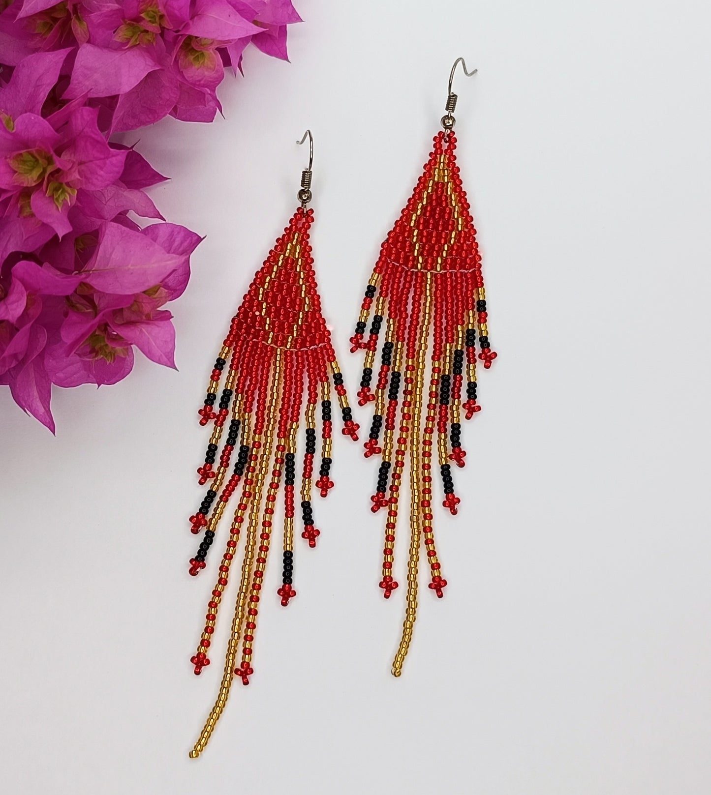 Beaded Dangle Earrings - Red and Gold