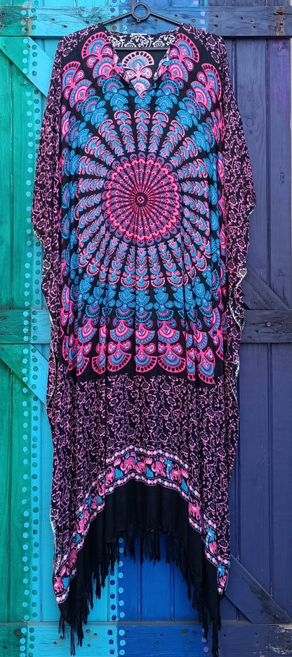 Ladies Viscose Mandala Peacock Kaftan with Tassels