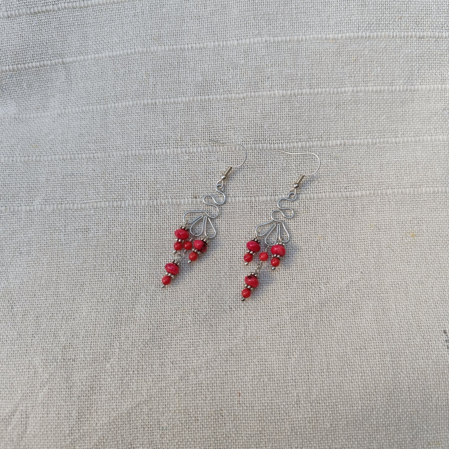 Handmade Peacock Wire Earrings with Red Coral