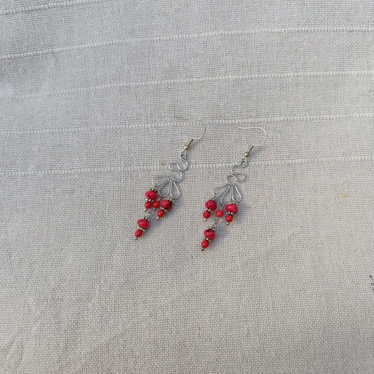 Handmade Peacock Wire Earrings with Red Coral