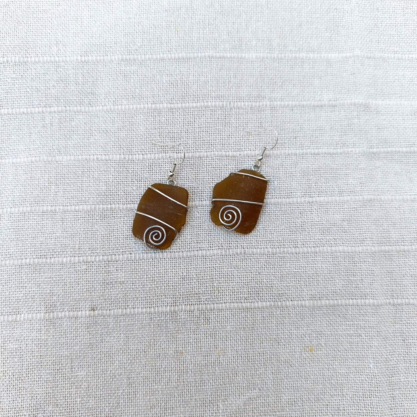 Wire Wrapped Sea glass Earrings - Brown Glass