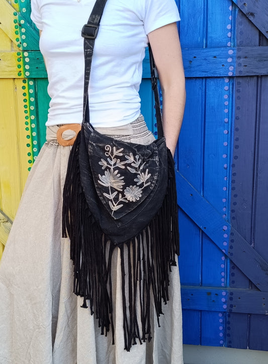 Funky Hippie Embroidered Cotton Acid Washed Tasseled Shoulder Crossbody Bags